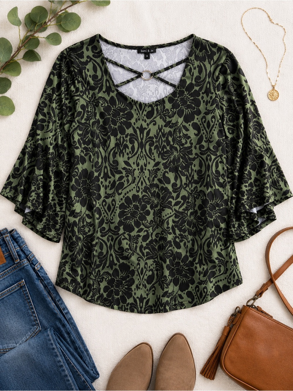 Sami & Jo Green Black Floral Damask 3/4 Bell Sleeve Top Size Medium